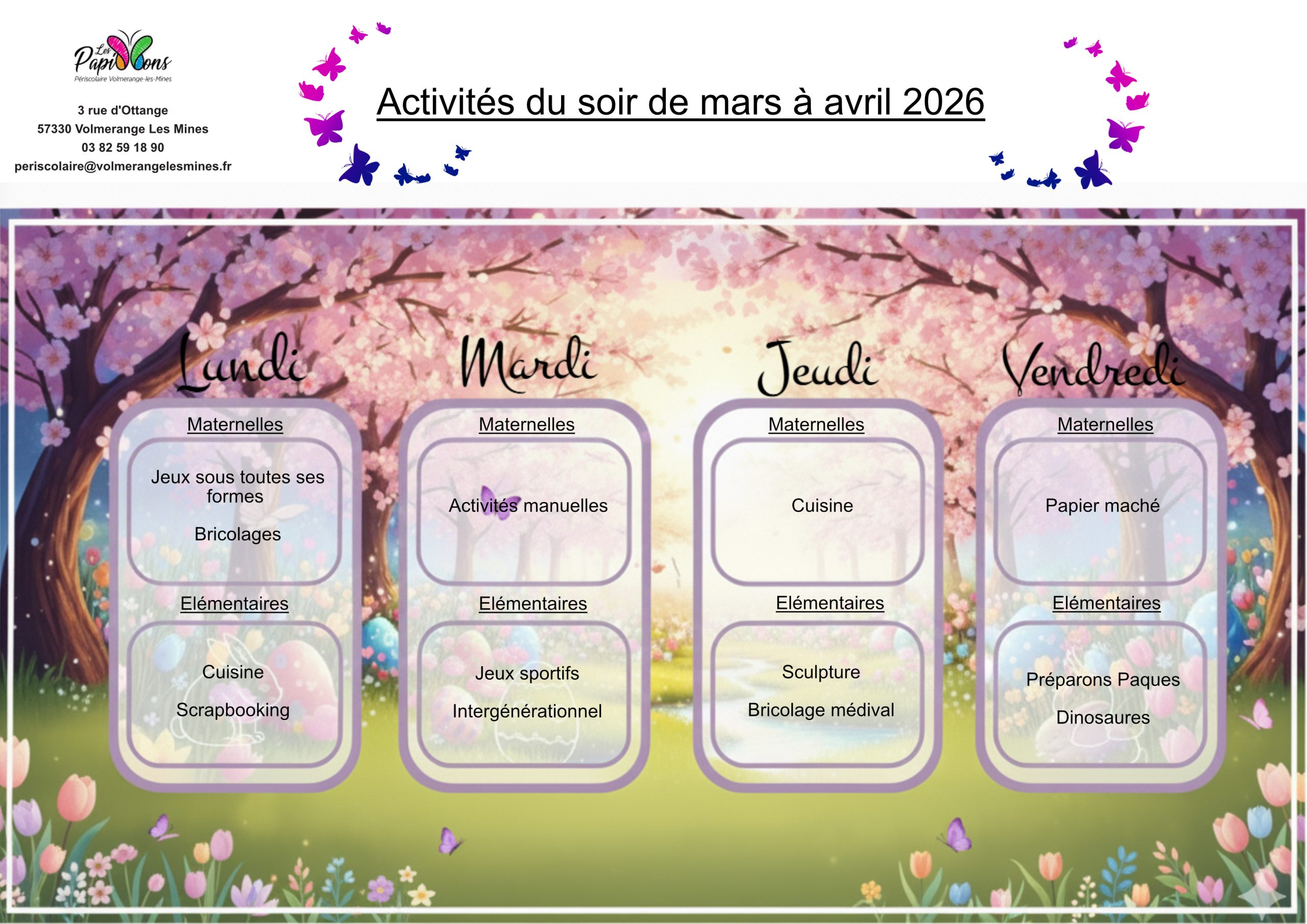 Les activitées du soir de mars à avril 2026